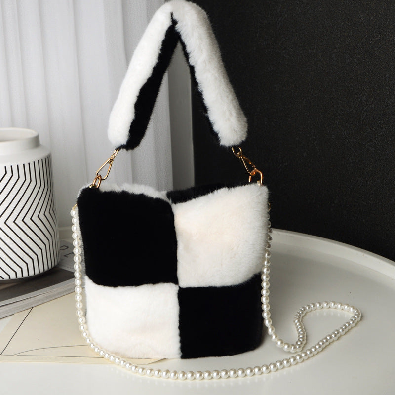 Checkerboard Plush Bucket Shoulder Bag