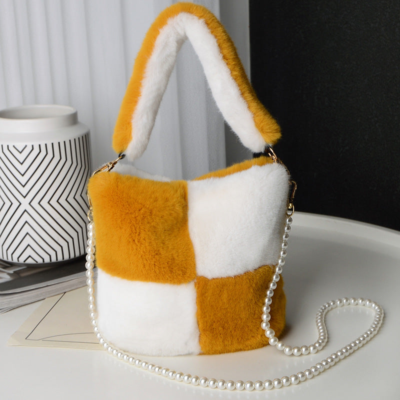 Checkerboard Plush Bucket Shoulder Bag