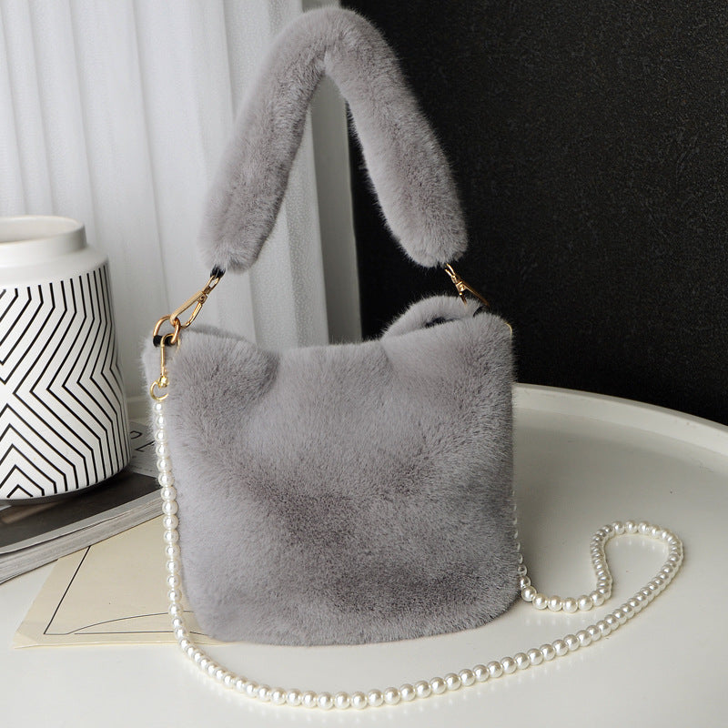 Checkerboard Plush Bucket Shoulder Bag