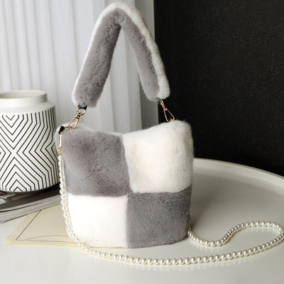 Checkerboard Plush Bucket Shoulder Bag