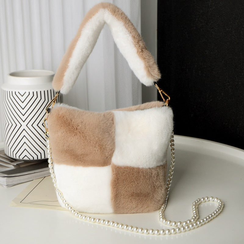 Checkerboard Plush Bucket Shoulder Bag