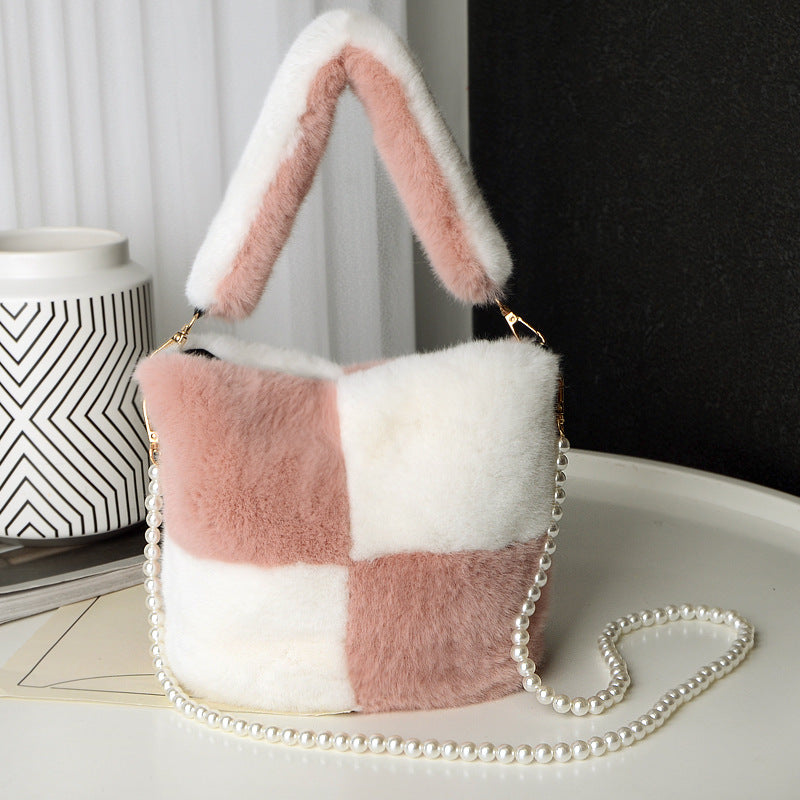 Checkerboard Plush Bucket Shoulder Bag