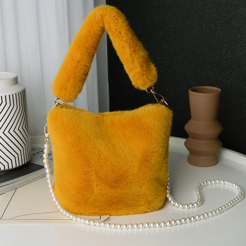 Checkerboard Plush Bucket Shoulder Bag