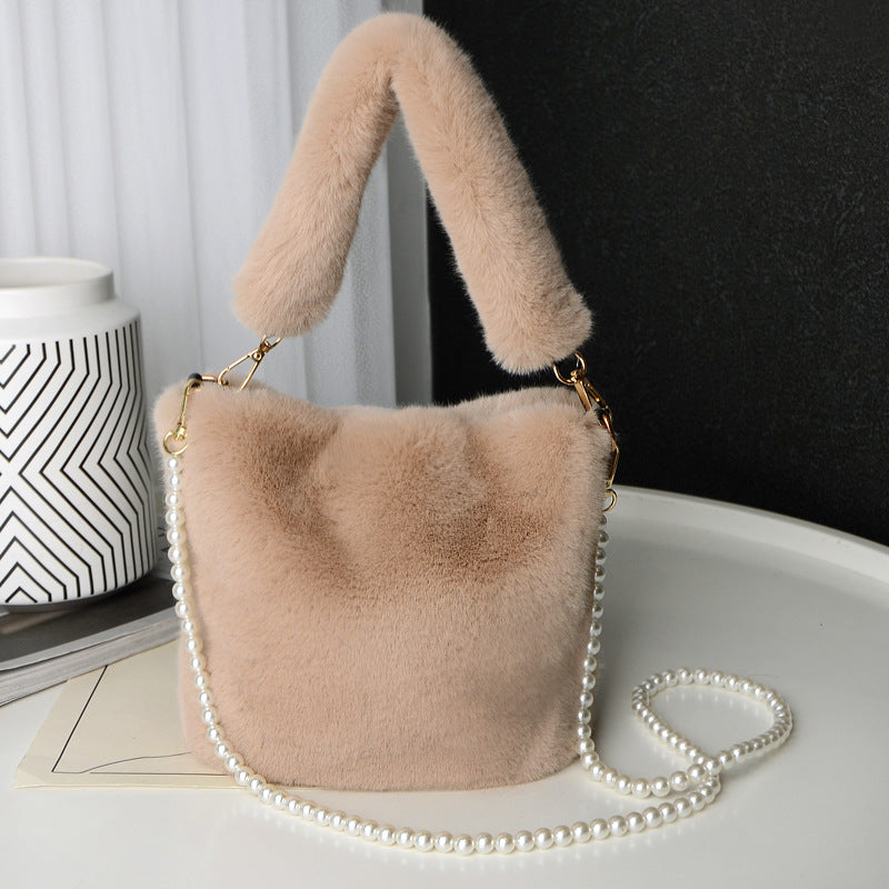 Checkerboard Plush Bucket Shoulder Bag